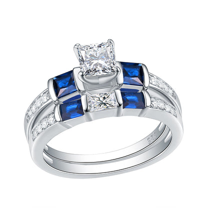 2 Piece Sterling Silver Rings Set For Women. Unique Wedding Engagement Ring Set Princess Cut Blue Side Stone AAAAA Zircons