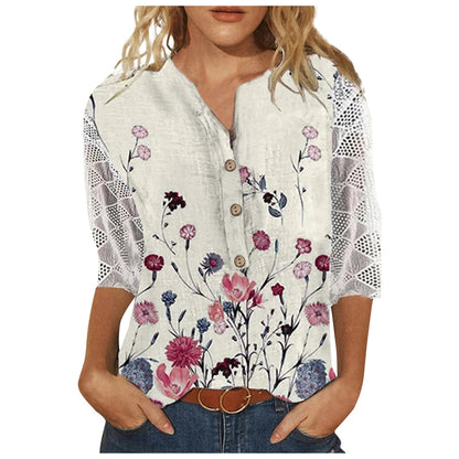 Women's Casual Print Lace Tee Shirt with V Neck and 3/4 Sleeve