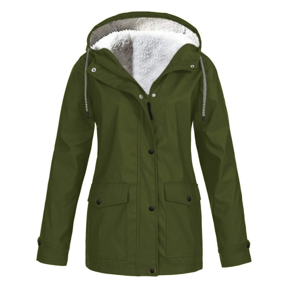 Women's Autumn Winter Plus Velvet Outdoor Jacket Windproof Waterproof Mountaineering Hooded Coat