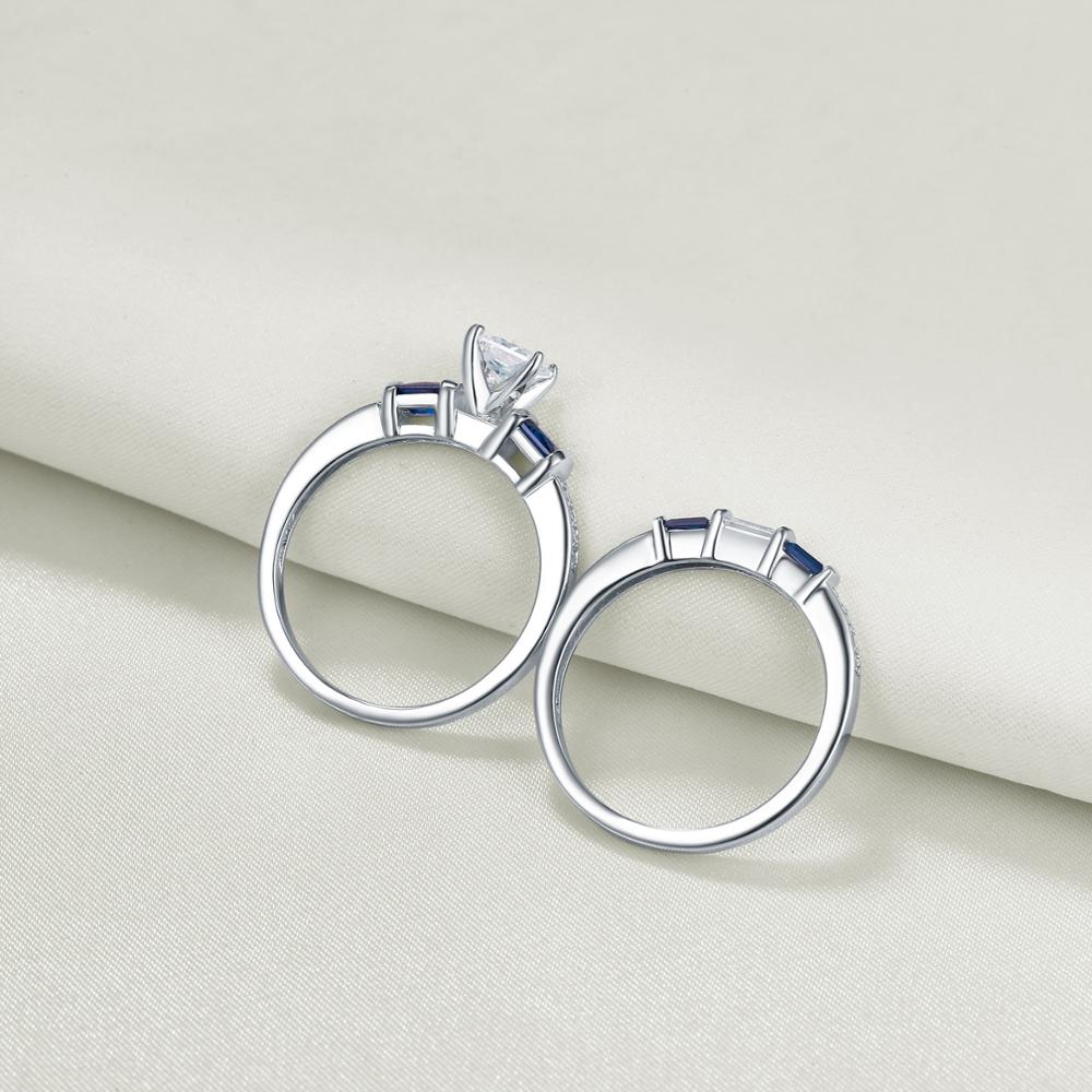 2 Piece Sterling Silver Rings Set For Women. Unique Wedding Engagement Ring Set Princess Cut Blue Side Stone AAAAA Zircons