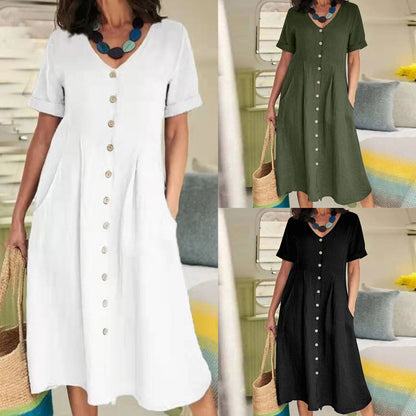 Loose Lazy Style Maxi Cotton Linen Beach Long Dress Button Decor with Pocket S-XXL for Beach Vacation