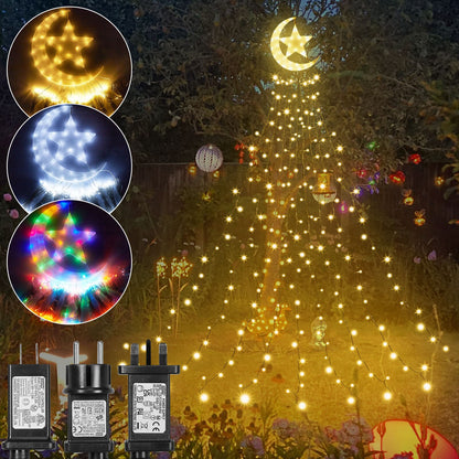 8 Modes Timer 350 LED Waterfall Christmas Tree Lights with  Moon Star Topper, Fairy String Lights.