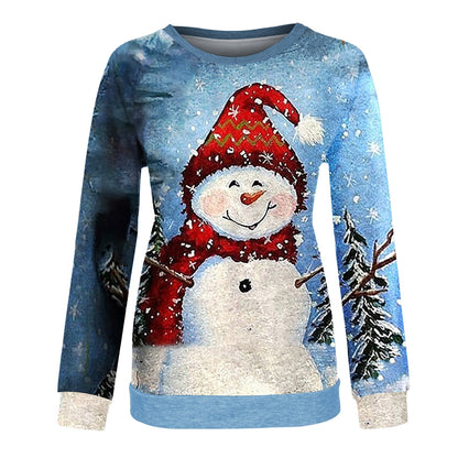 Long Sleeve Women Christmas Sweatshirt with Printed Snowman Fashion Pullover Top