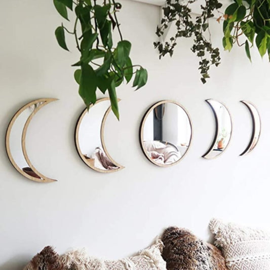 5PCS Scandinavian Moon Phase Wall Mirror With  Natural Wooden Frame.