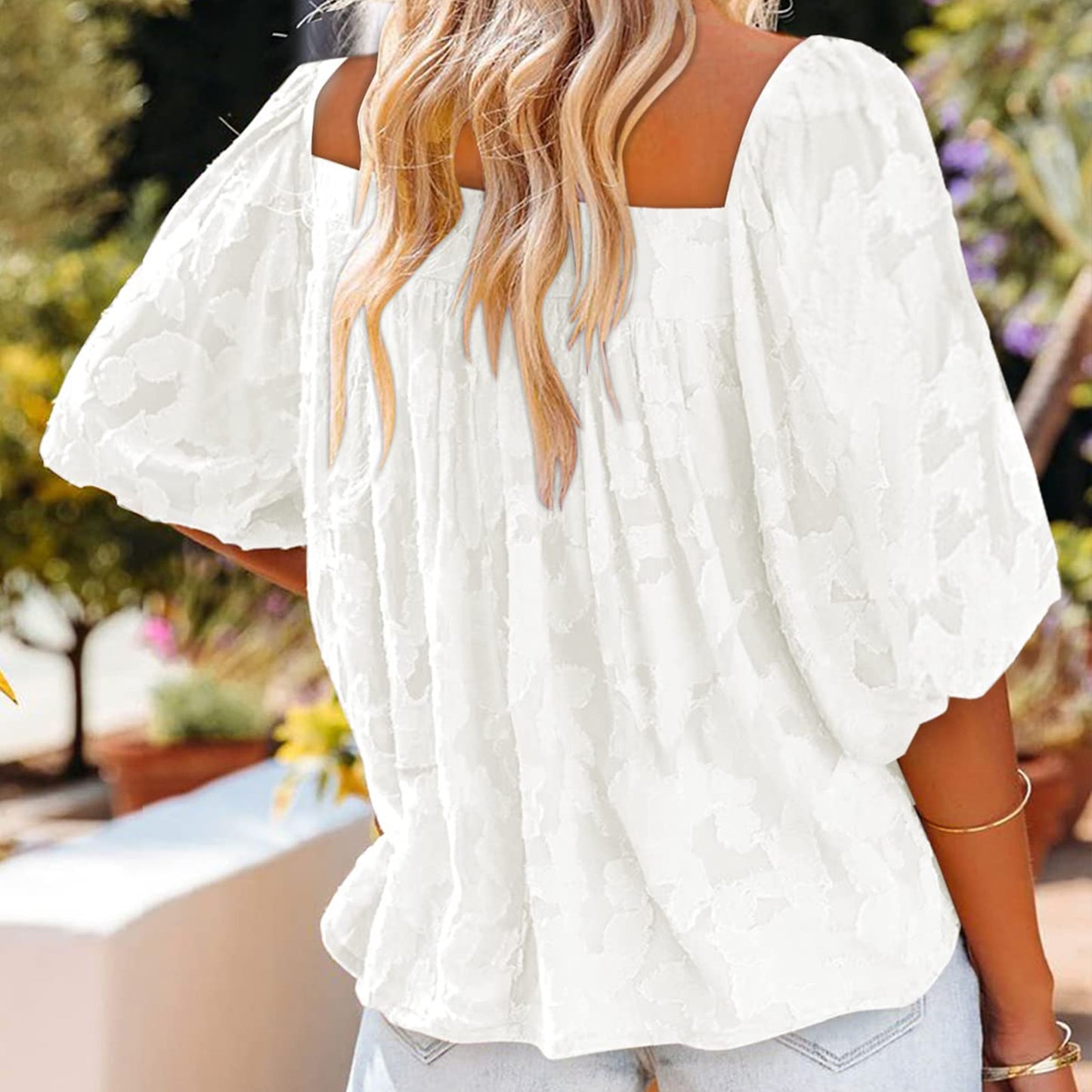 Women Flowy Shirt Lantern Sleeve Square Neck, Ladies Tee Fashion Relaxed-Fit