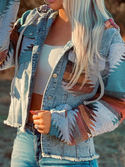 Women Cowgirl Denim Jacket with Red Embroidered Native Pattern Patchwork