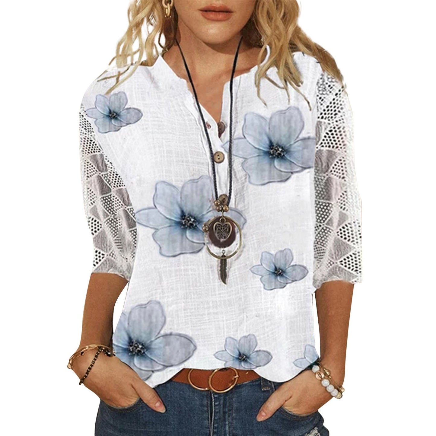 Women's Casual Print Lace Tee Shirt with V Neck and 3/4 Sleeve