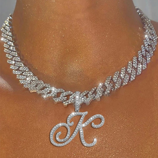 A-Z Cursive Letter Pendant Iced Out Cuban Necklace for Women Initial Zircon Link Chain Necklace Choker