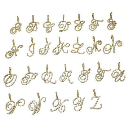 A-Z Cursive Letter Pendant Iced Out Cuban Necklace for Women Initial Zircon Link Chain Necklace Choker