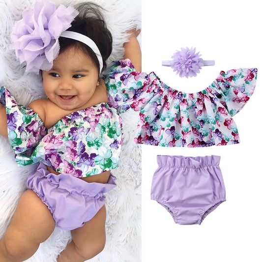 New 0-24M Infant Newborn Baby Girl Floral Tops Shorts Headband Outfits 2 Pieces Sets - blueselections