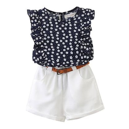 Girls  Summer Floral Sleeveless T-shirt and Solid Shorts sets - blueselections