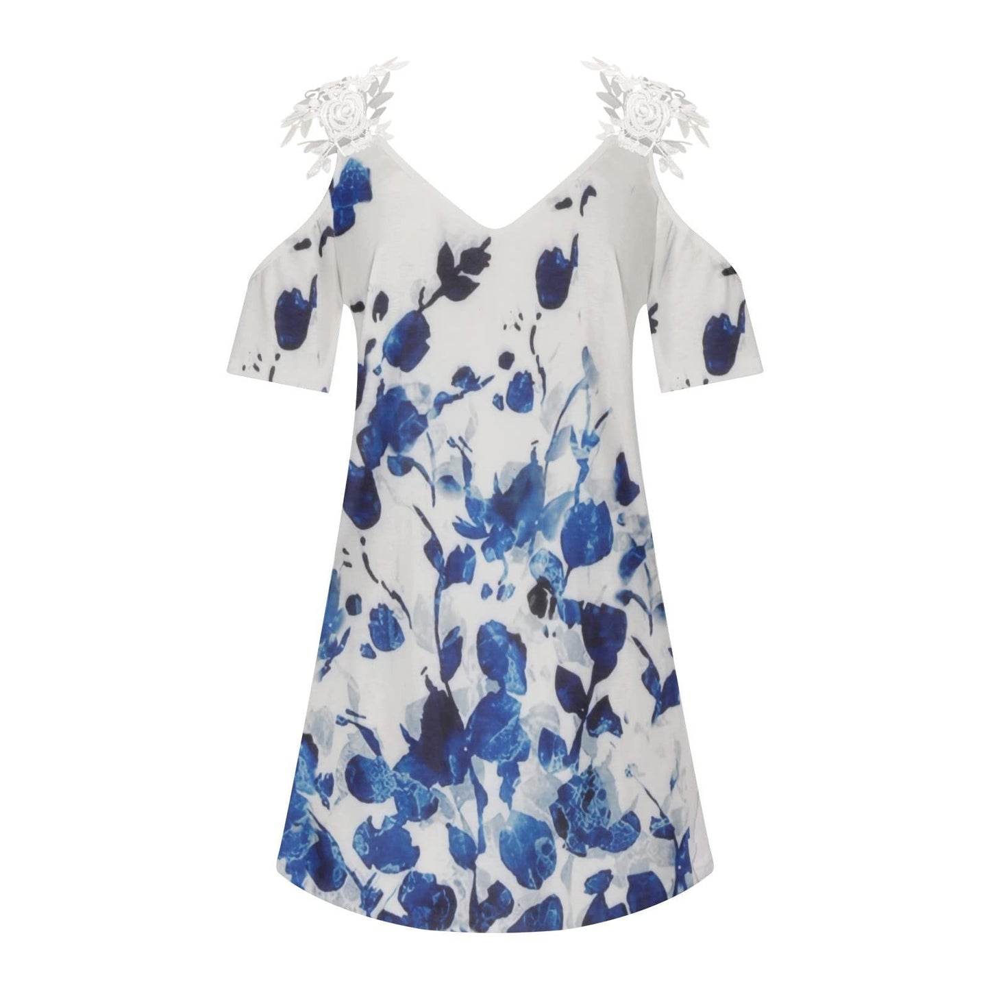 Women's Plus Size  Floral Print V-neck Strapless Short Sleeve Spliced Lace Elegant Dress - blueselections