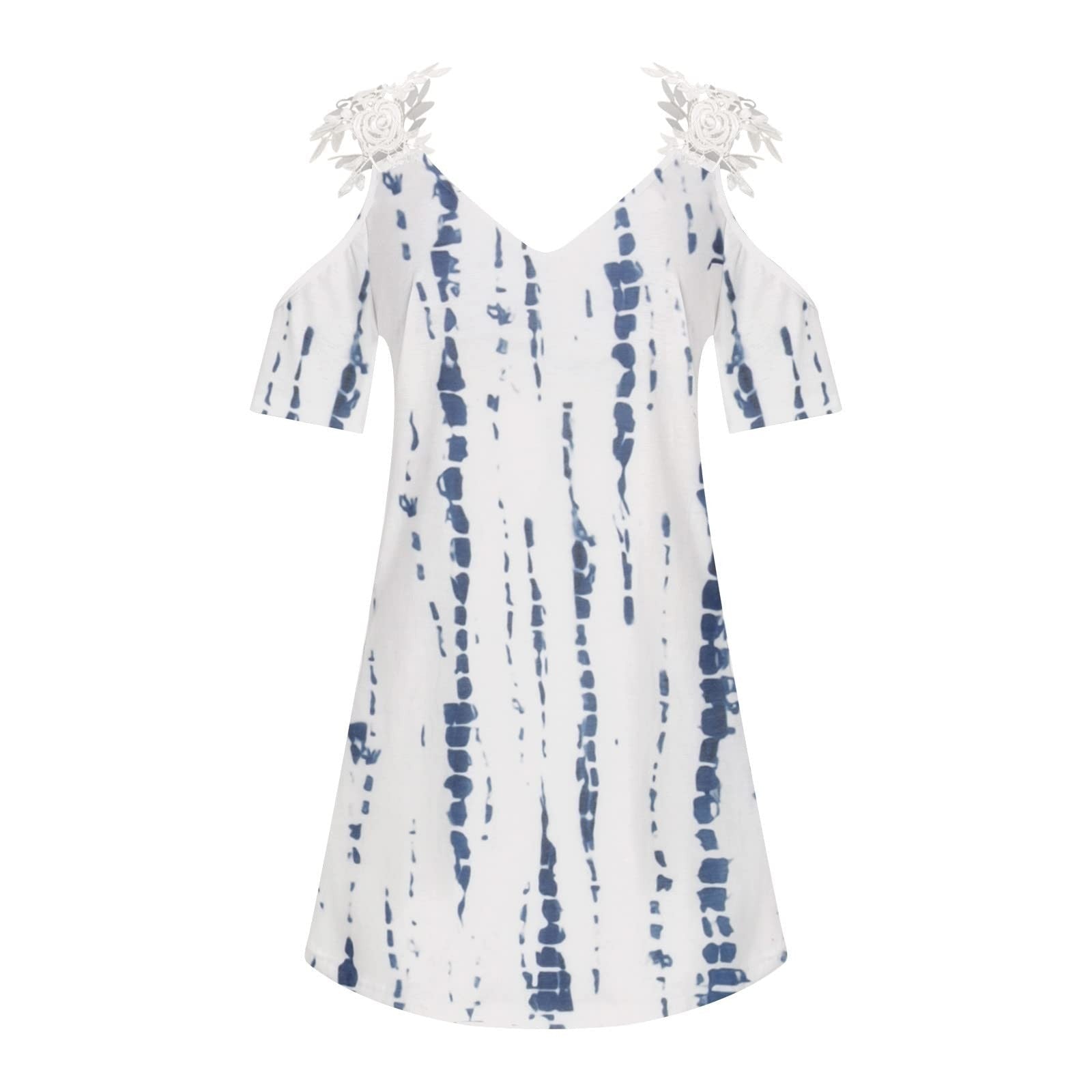 Women's Plus Size  Floral Print V-neck Strapless Short Sleeve Spliced Lace Elegant Dress - blueselections