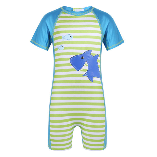 Kids Boys Swimsuits One-piece Shark Pattern Printed Swimming Suit Short Sleeves Swimwear Beachwear Children&#39;s Bathing Clothes - blueselections