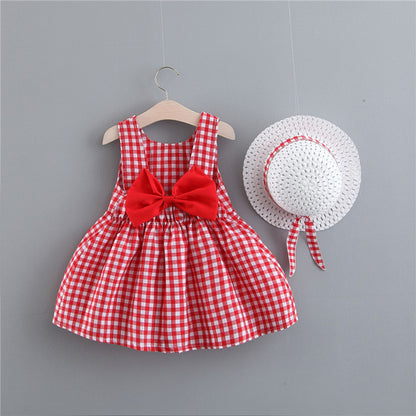 Baby Girl Print Plaid Bow Summer Princess Dress and Hat - blueselections