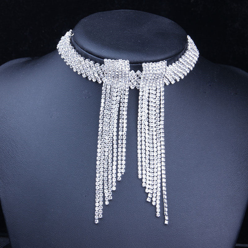 GLAMing Luxury Rhinestone Necklace And Earrings Set with Jewelry Choker Tassel - blueselections