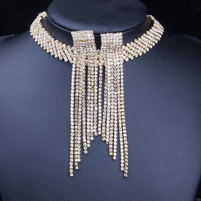 GLAMing Luxury Rhinestone Necklace And Earrings Set with Jewelry Choker Tassel - blueselections